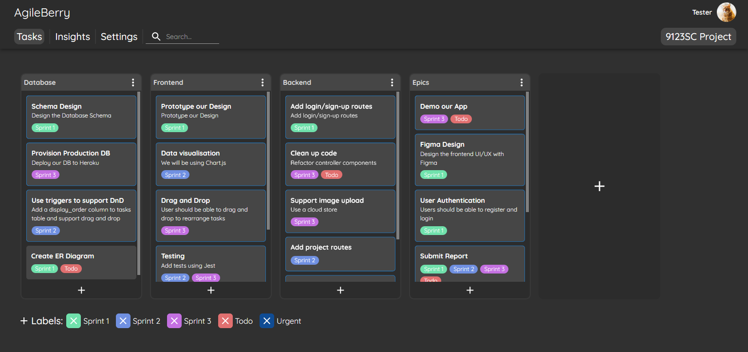 The tasks page of AgileBerry