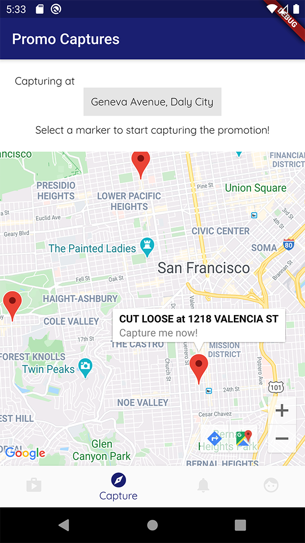 The capture screen of PromoGo, utilizing the Google Maps API